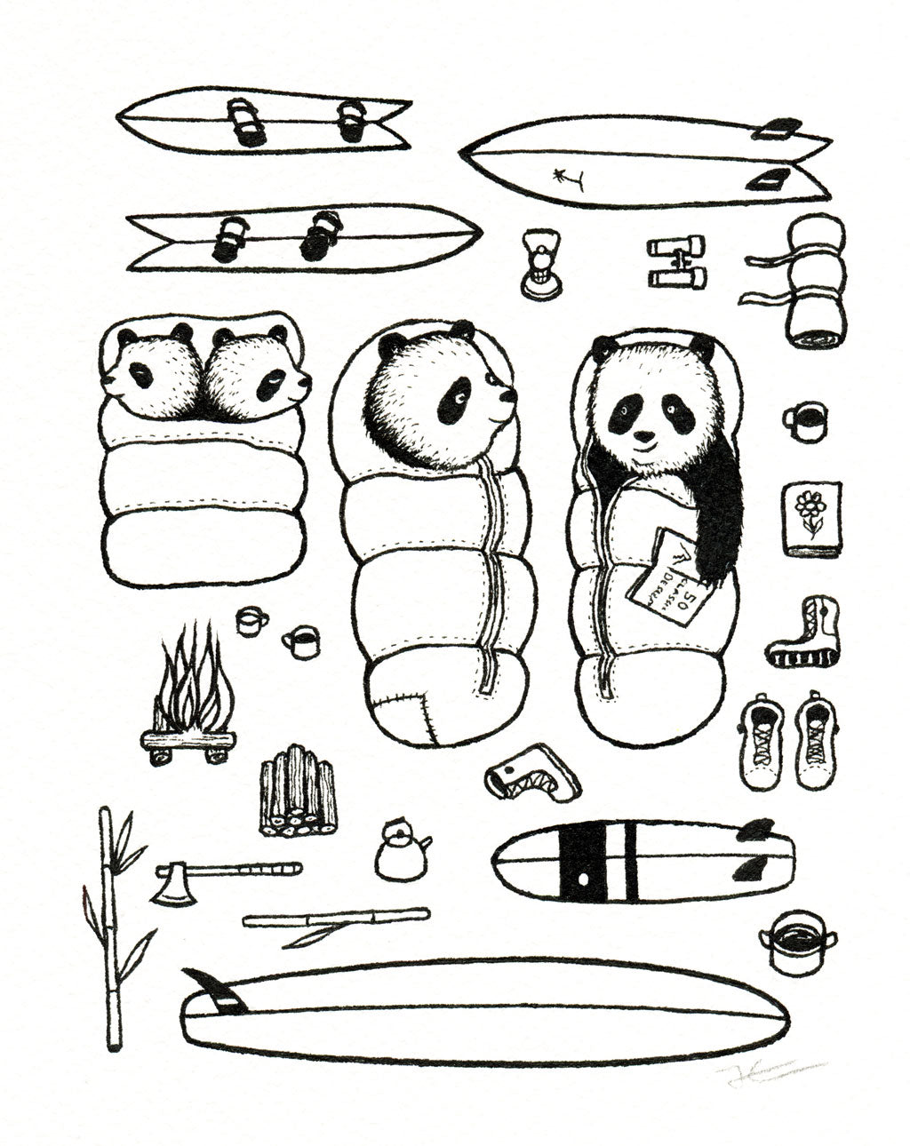 Inktober Day 16 - Panda Surf Trip