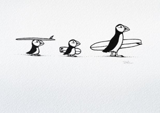 Inktober Day 5 - Puffin Surf Trip