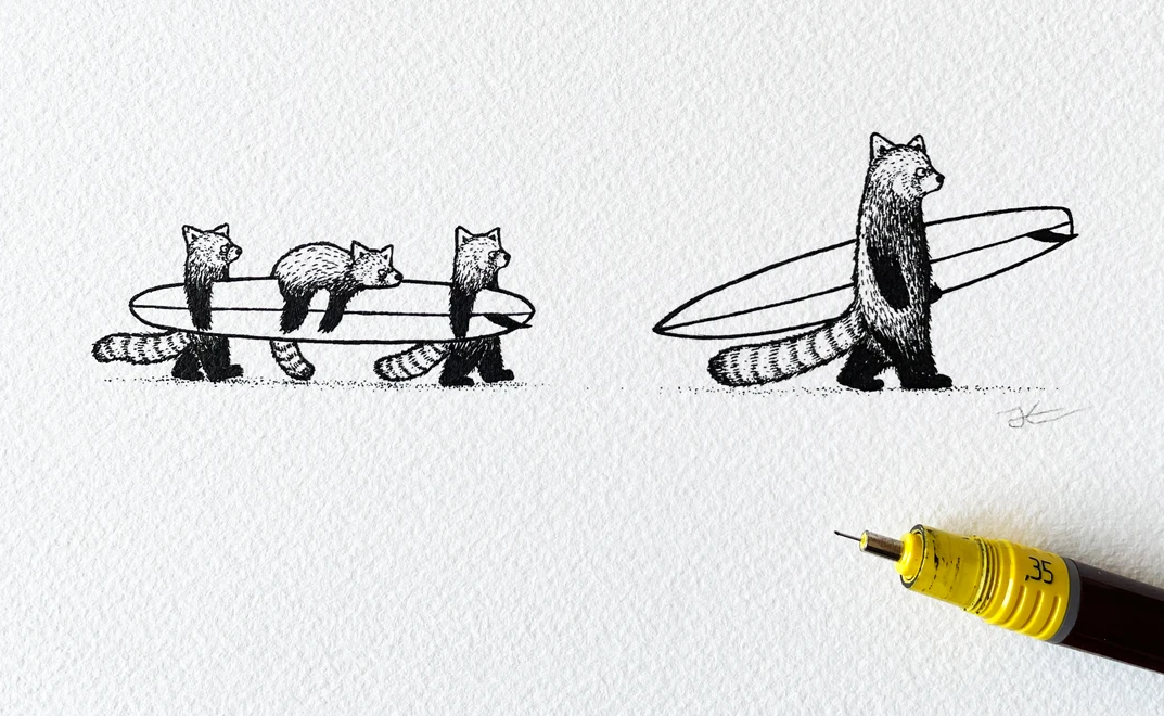 Inktober Day 24 - Red Panda Family Surf