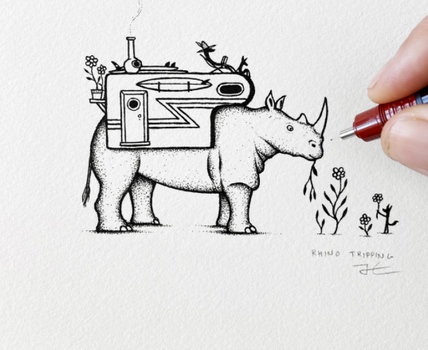 Inktober Day 4 - Rhino Tripping