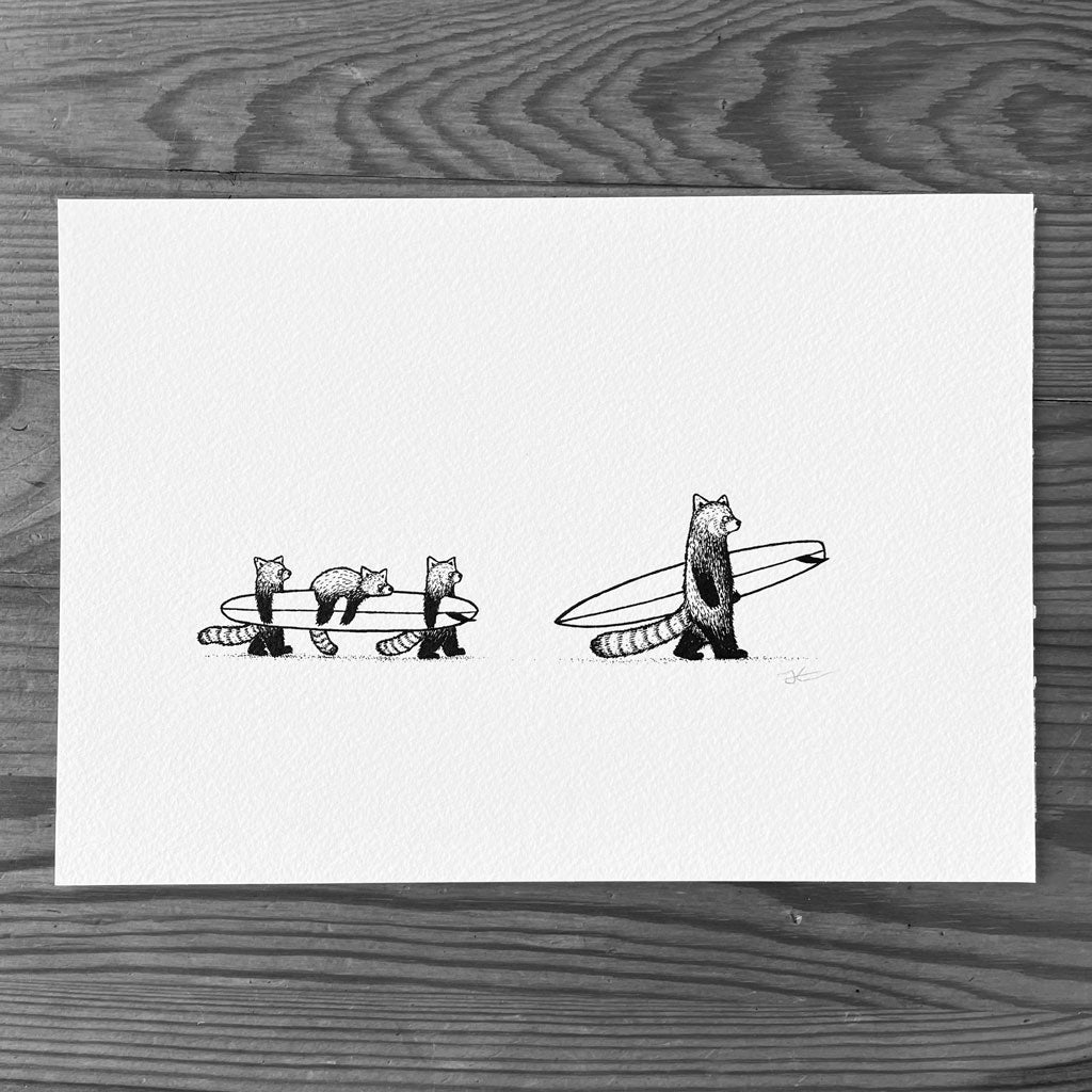 Red Panda Family Surf. Original illustration - SOLD OUT