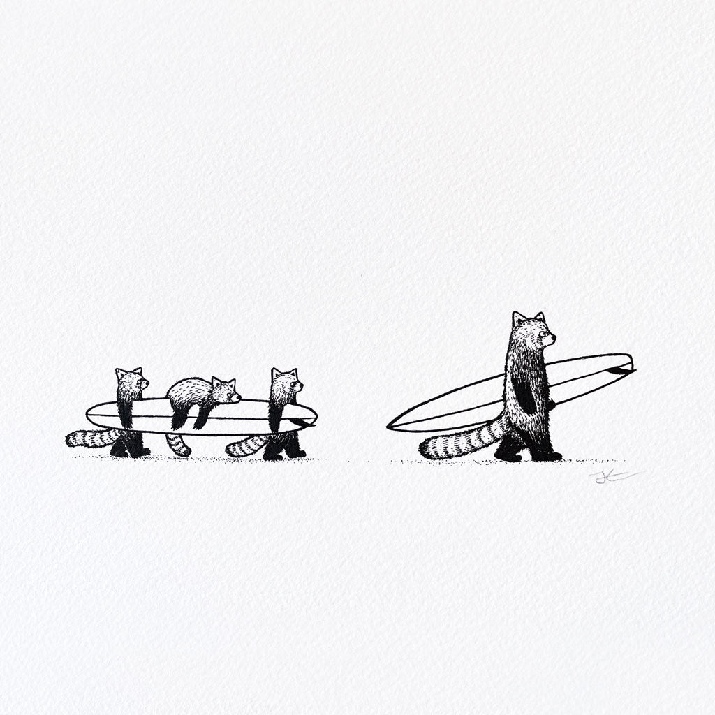 Red Panda Family Surf. Original illustration - SOLD OUT
